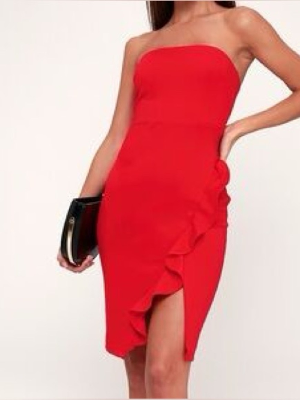 Lulu's Strapless Red Ruffle Sheath Dress with Front Slit